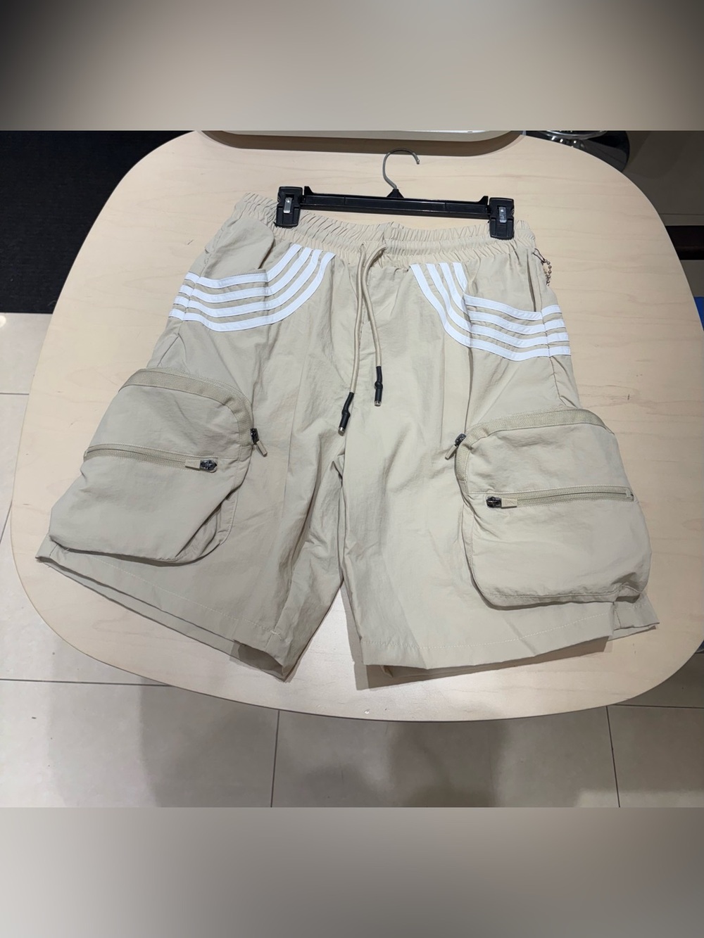 Men's Beige Cargo Shorts with White Stripe Accent